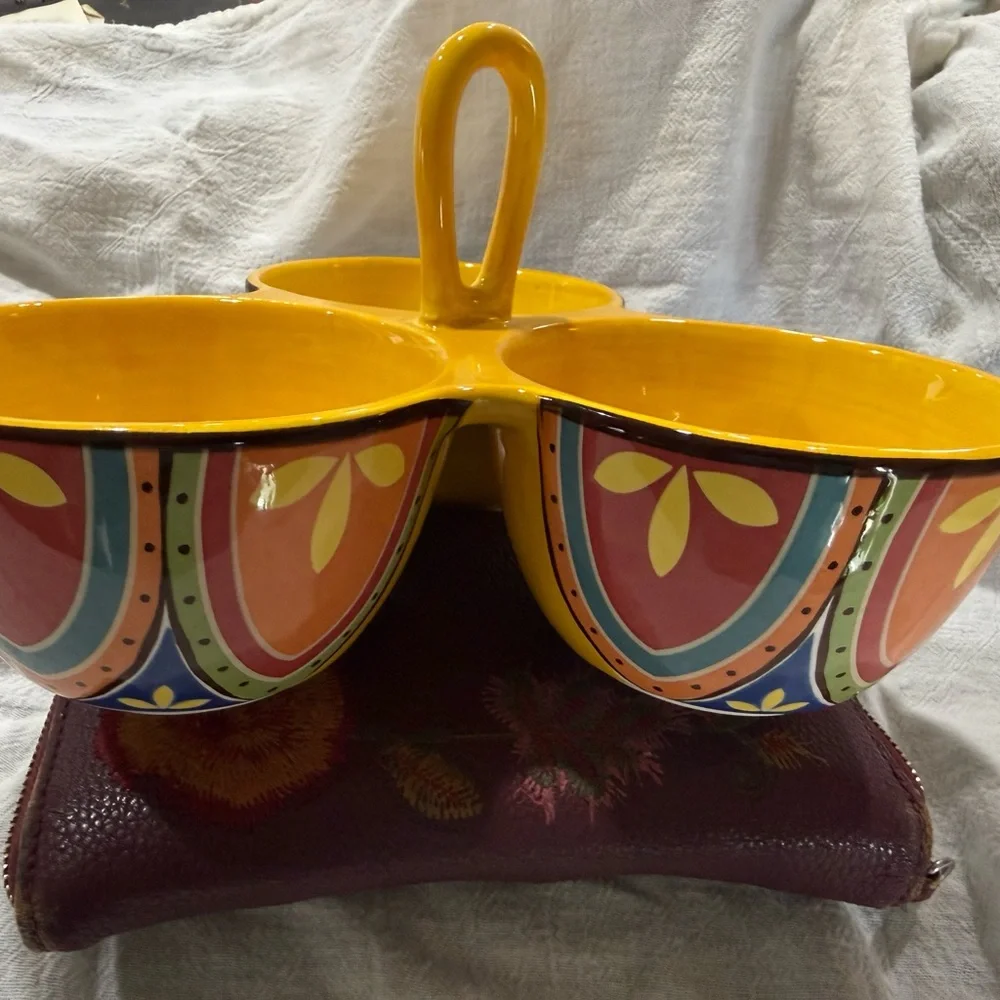 Pier 1 Multicolor Ceramic 3-Section Serving Dish with Yellow Interior
